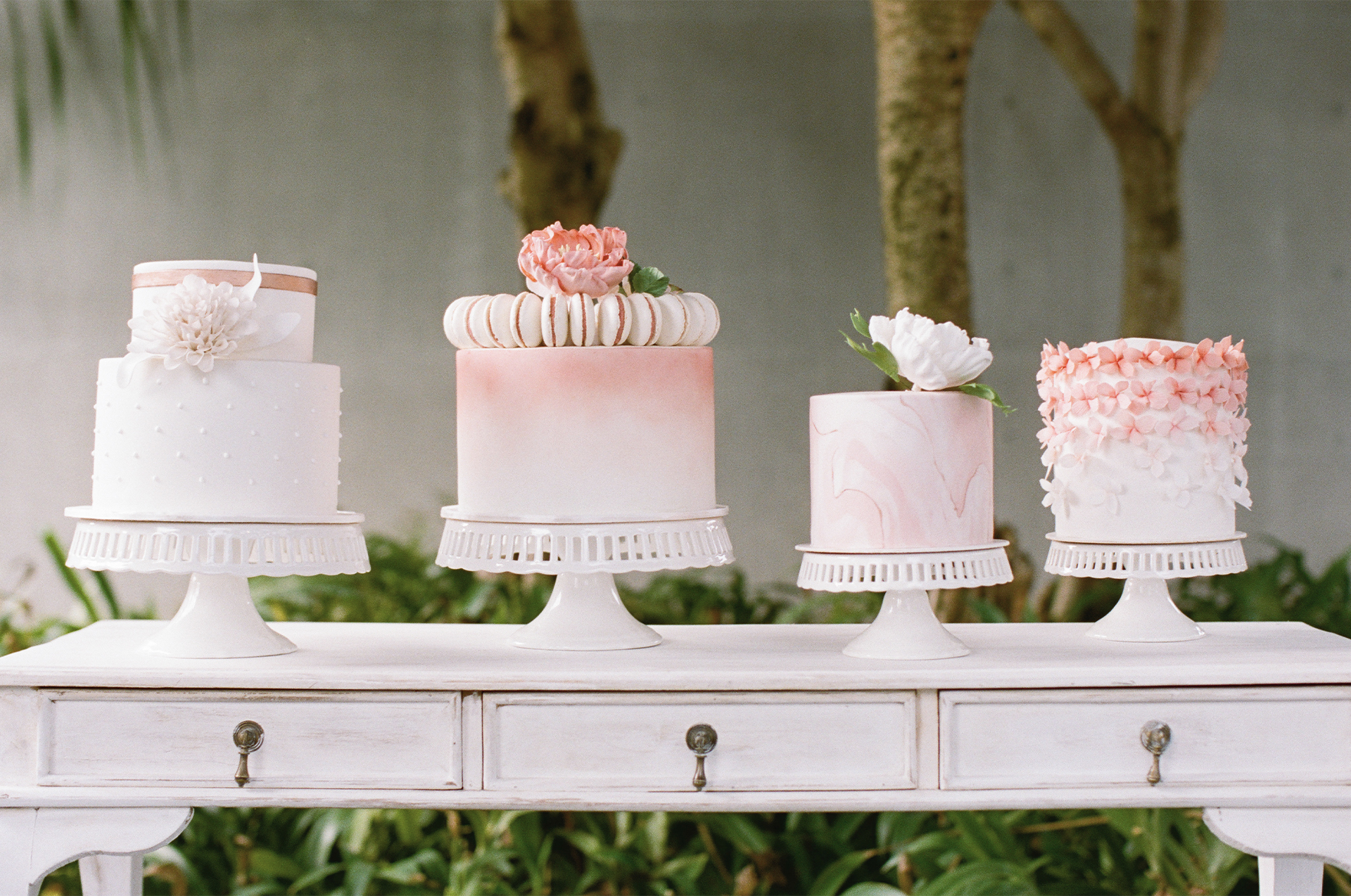 Wedding cakes on display table